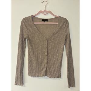 Sz Sm Light Brown Cardigan Cute Comfy Stretchy Quiet Lux Beige Dainty Ribbed Kni
